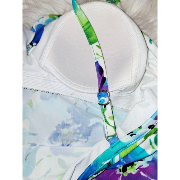 Caribbean Joe Floral Tankini Top Size 8 White Blue Green Purple - Picture 3 of 5